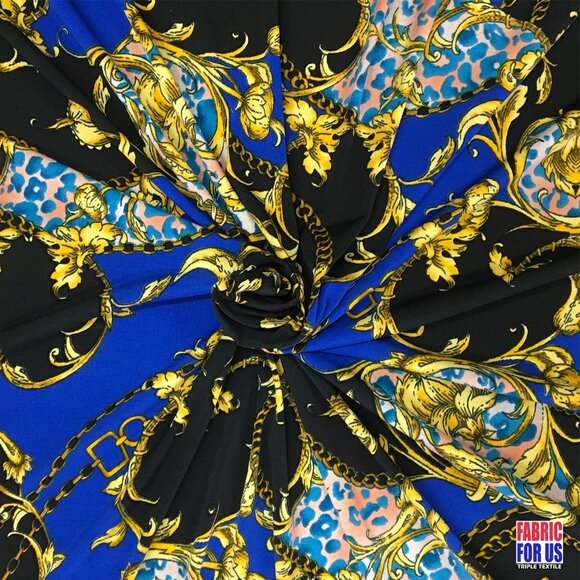 Paisley Floral Renaissance Stretch Poly-Spandex Fabric in Blue and Red 58"/60" W - Picture 4 of 7